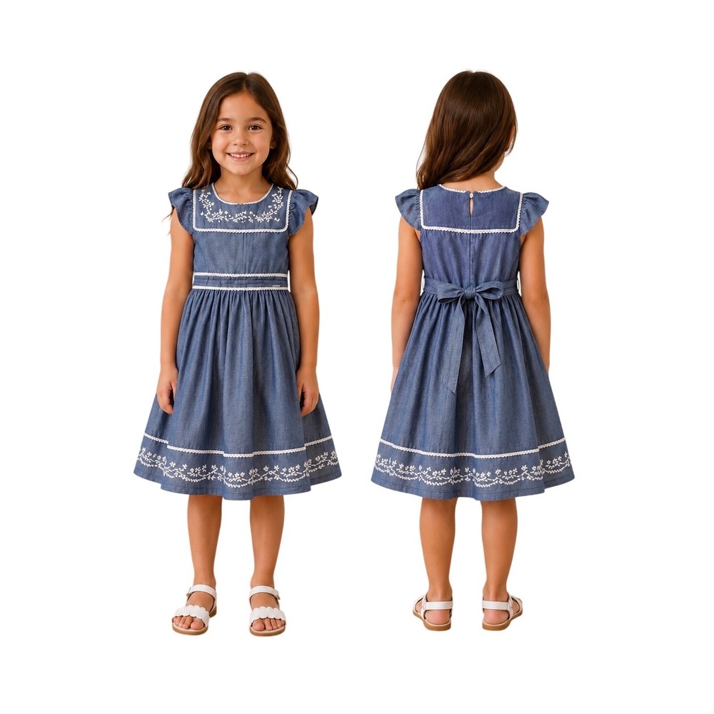 Donita Girls Embroidered Chambray Dress eyelet Tulle Lined Summer/Flower Girl, 6